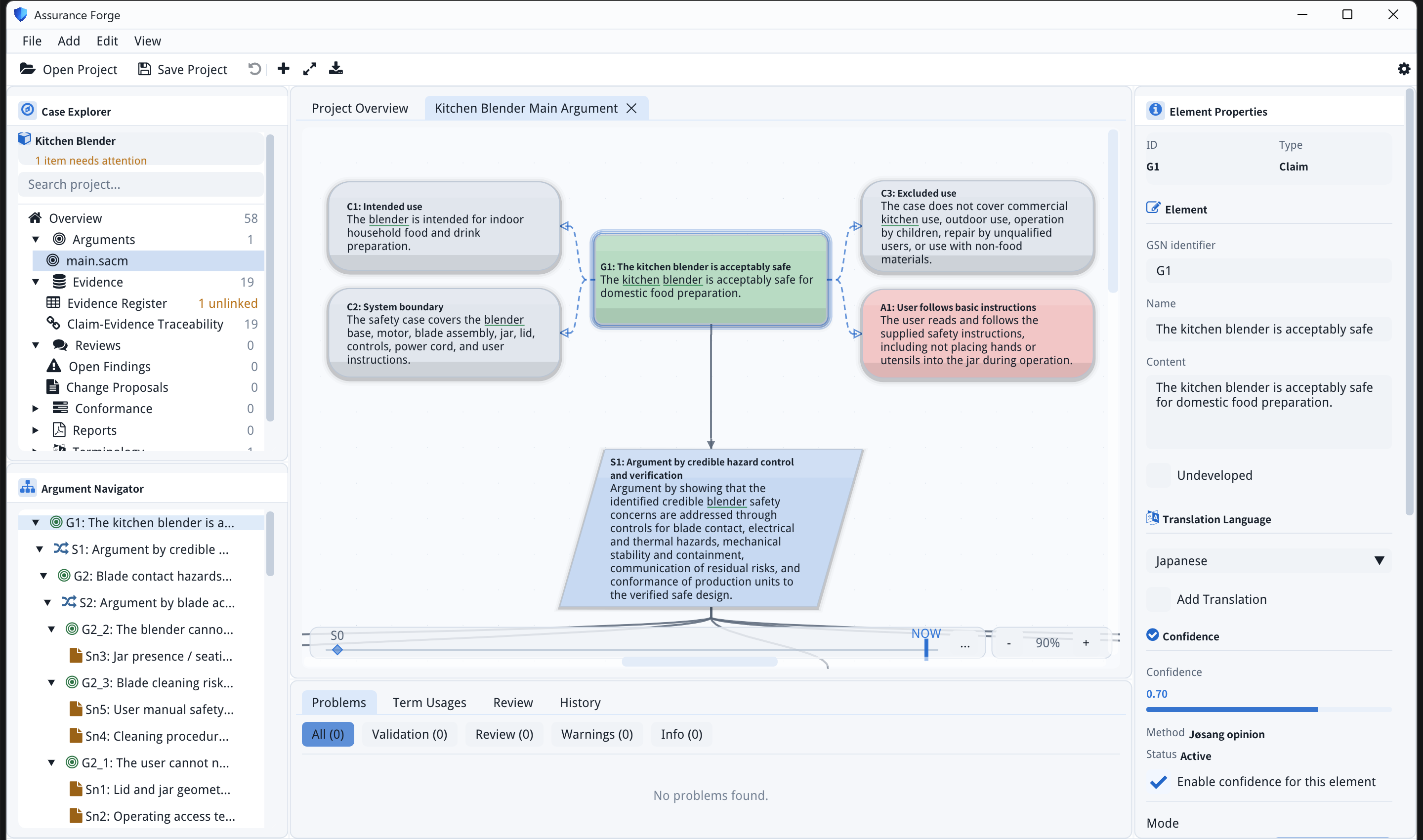 The case explorer, GSN canvas and inspector, with the top goal selected
