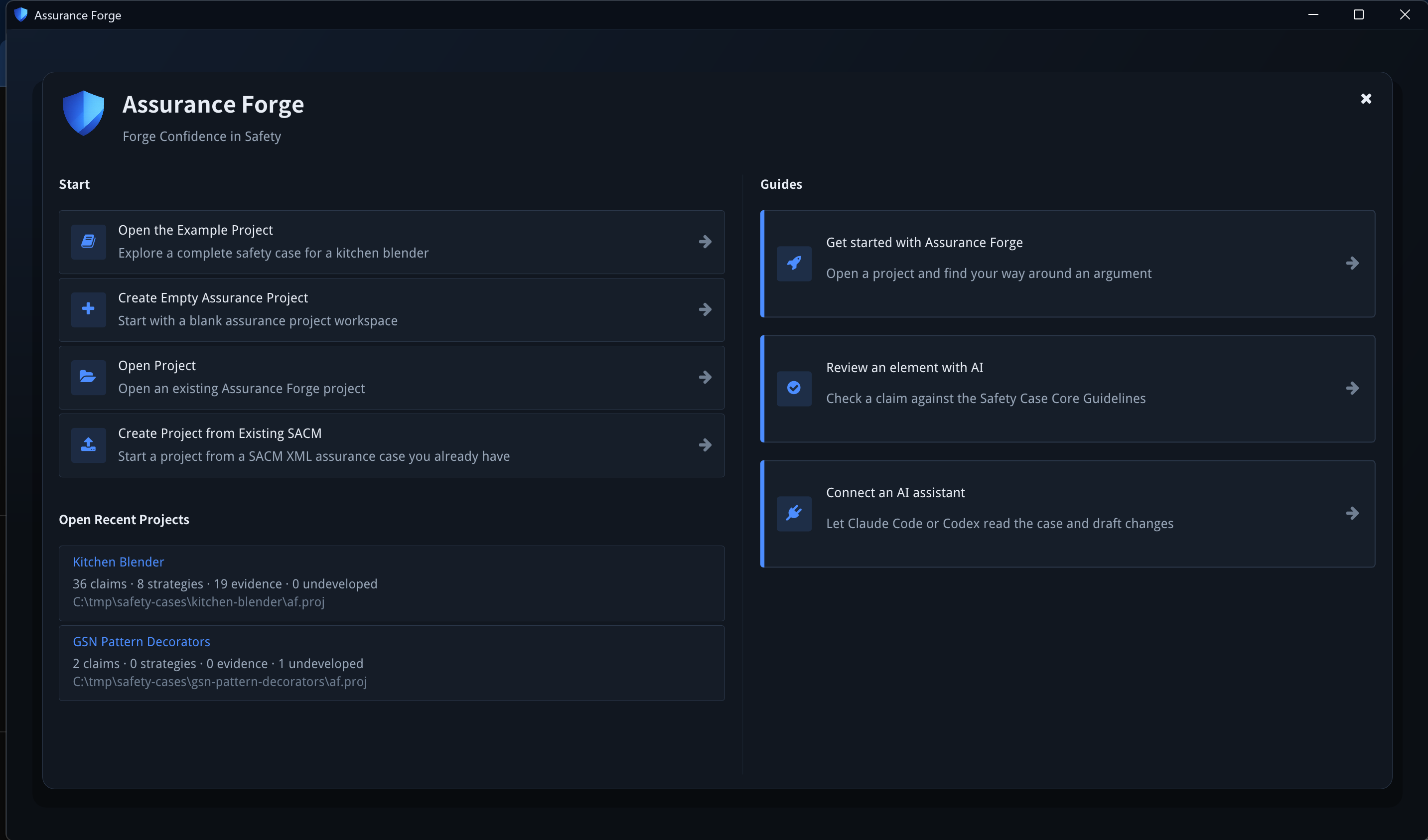 The welcome screen: Start actions, recent projects, and walkthrough cards